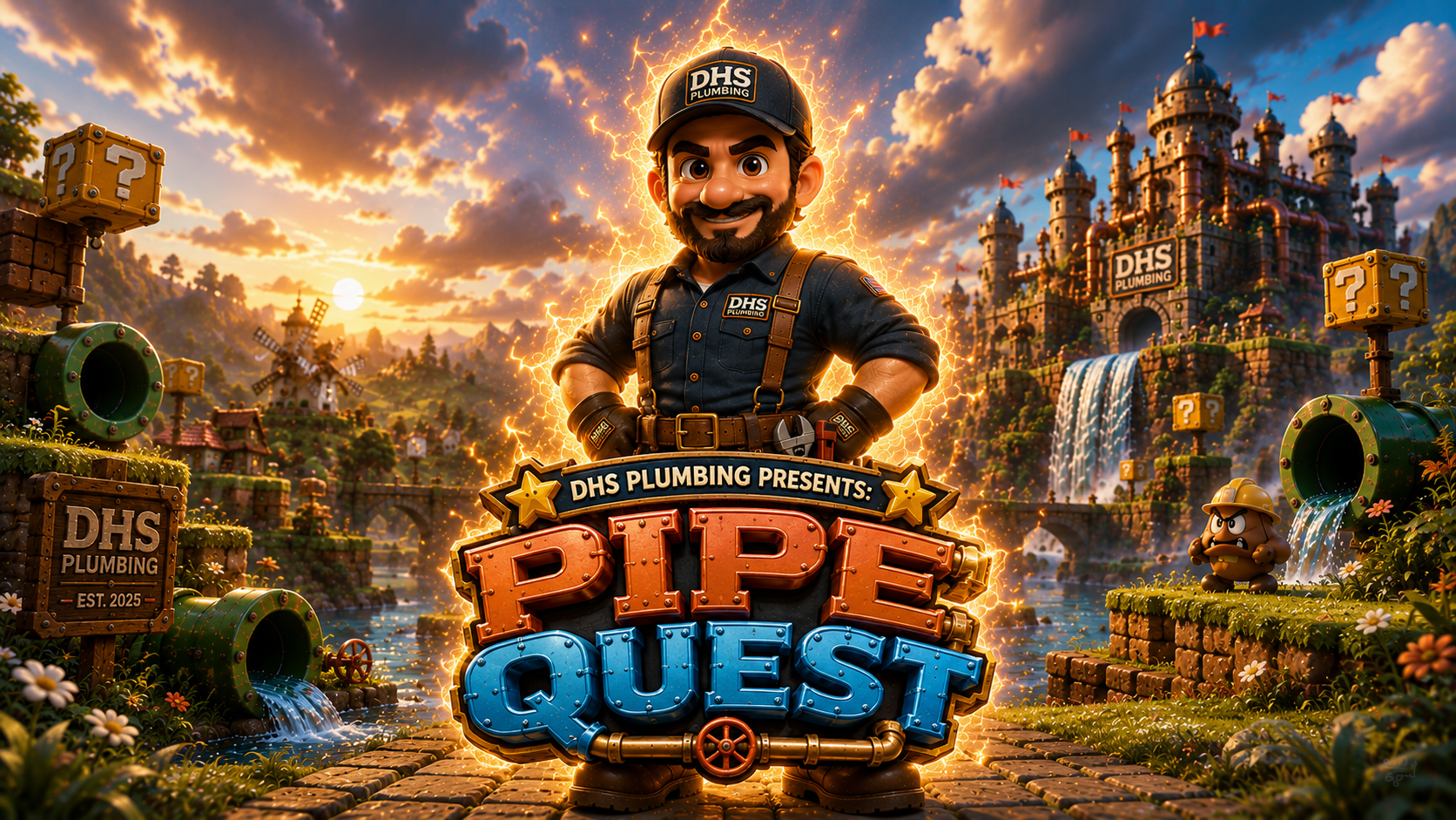 The Pipe Quest title card at sunset, the DHS Plumbing mascot standing before the castle level as the sun sets behind the hills