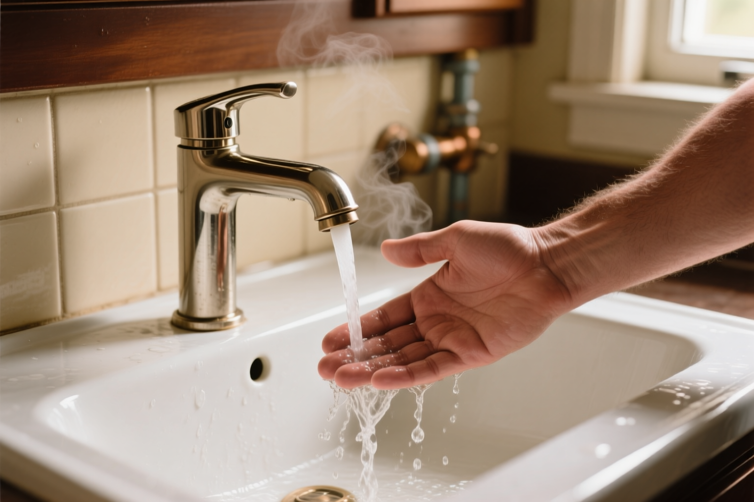A technician checking hot water flow at a fixture fed by a tankless unit