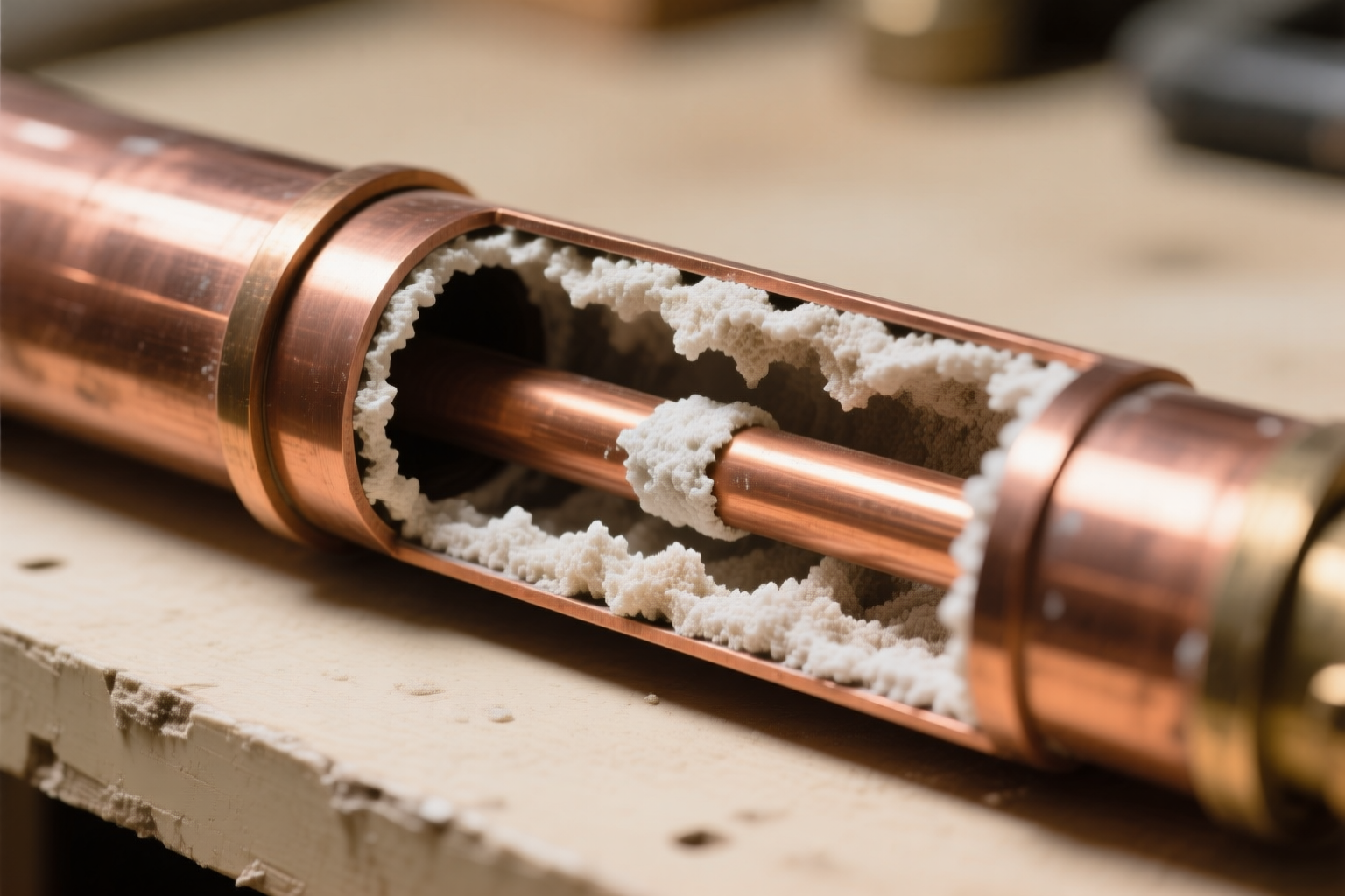 White mineral scale built up inside a cutaway tankless heat exchanger from years of untreated hard water