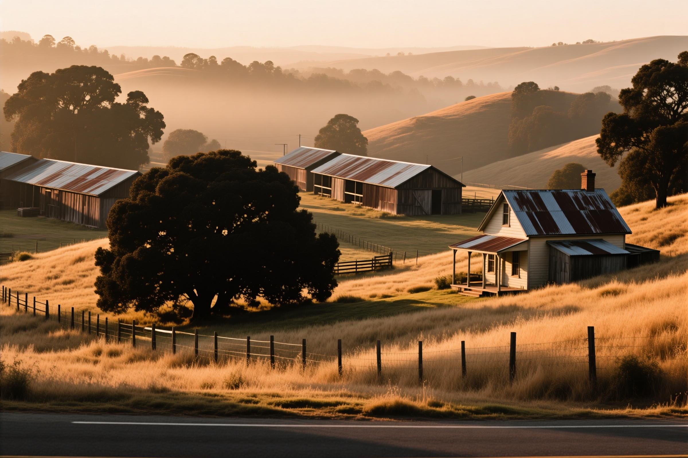A rural property near historic Newcastle with old fruit-packing sheds visible in the distance