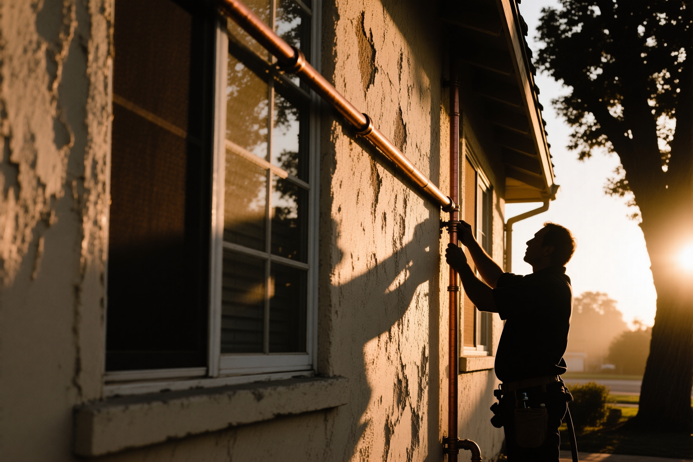 Copper and PVC supply lines run and clipped along a weathered stucco exterior wall