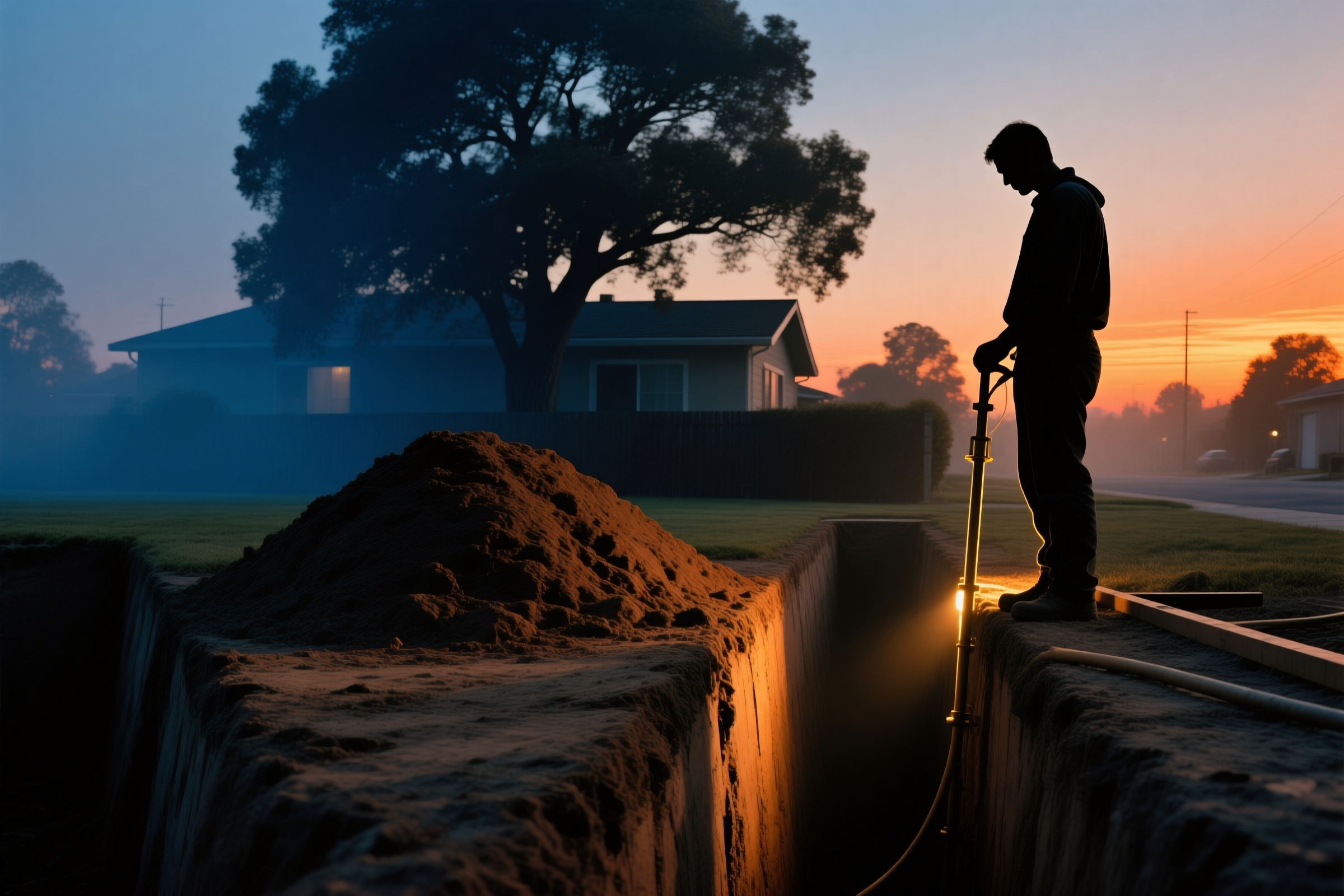 An excavated trench exposing an old clay sewer lateral behind a Carmichael home