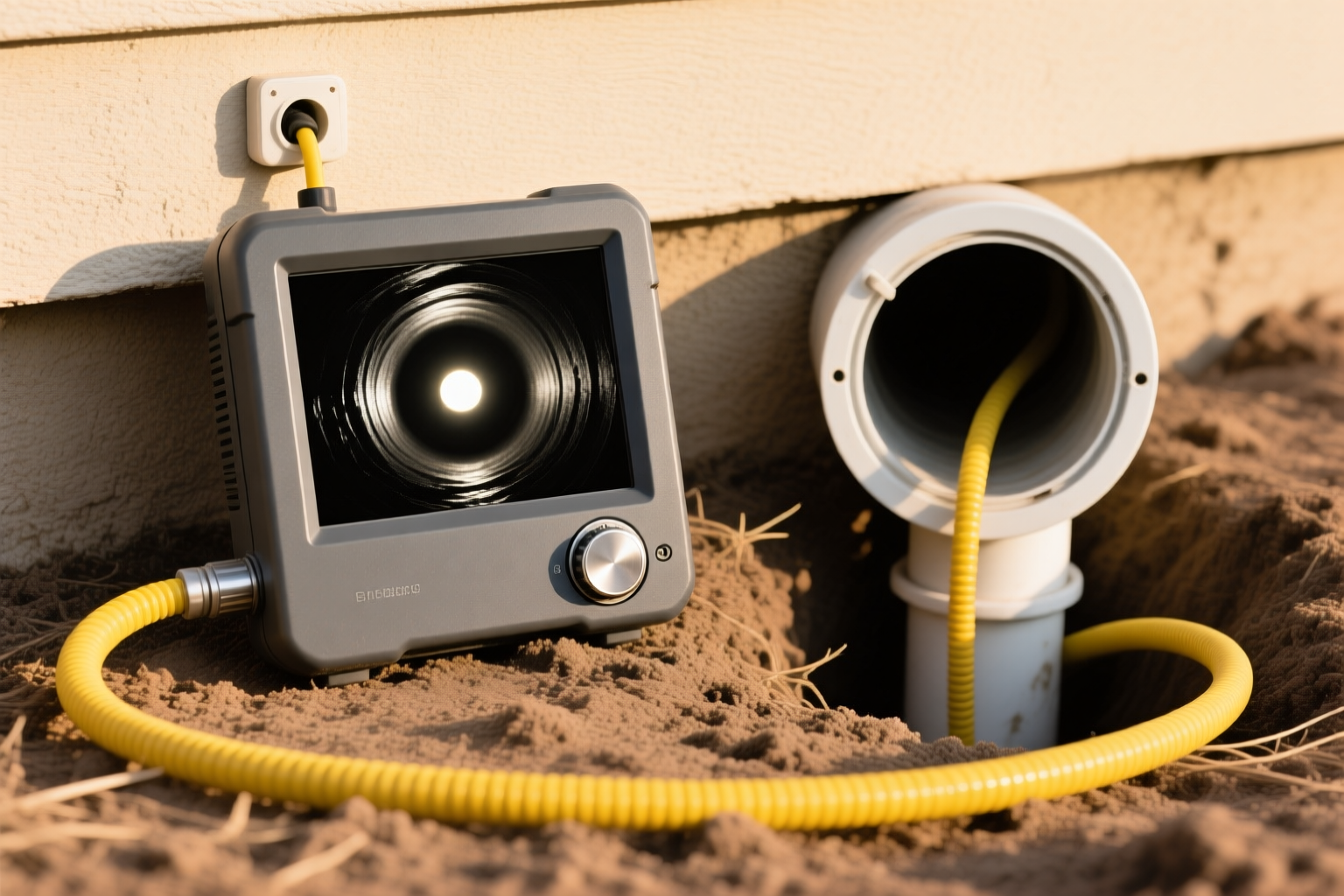 A camera inspection monitor showing the inside of a sewer line