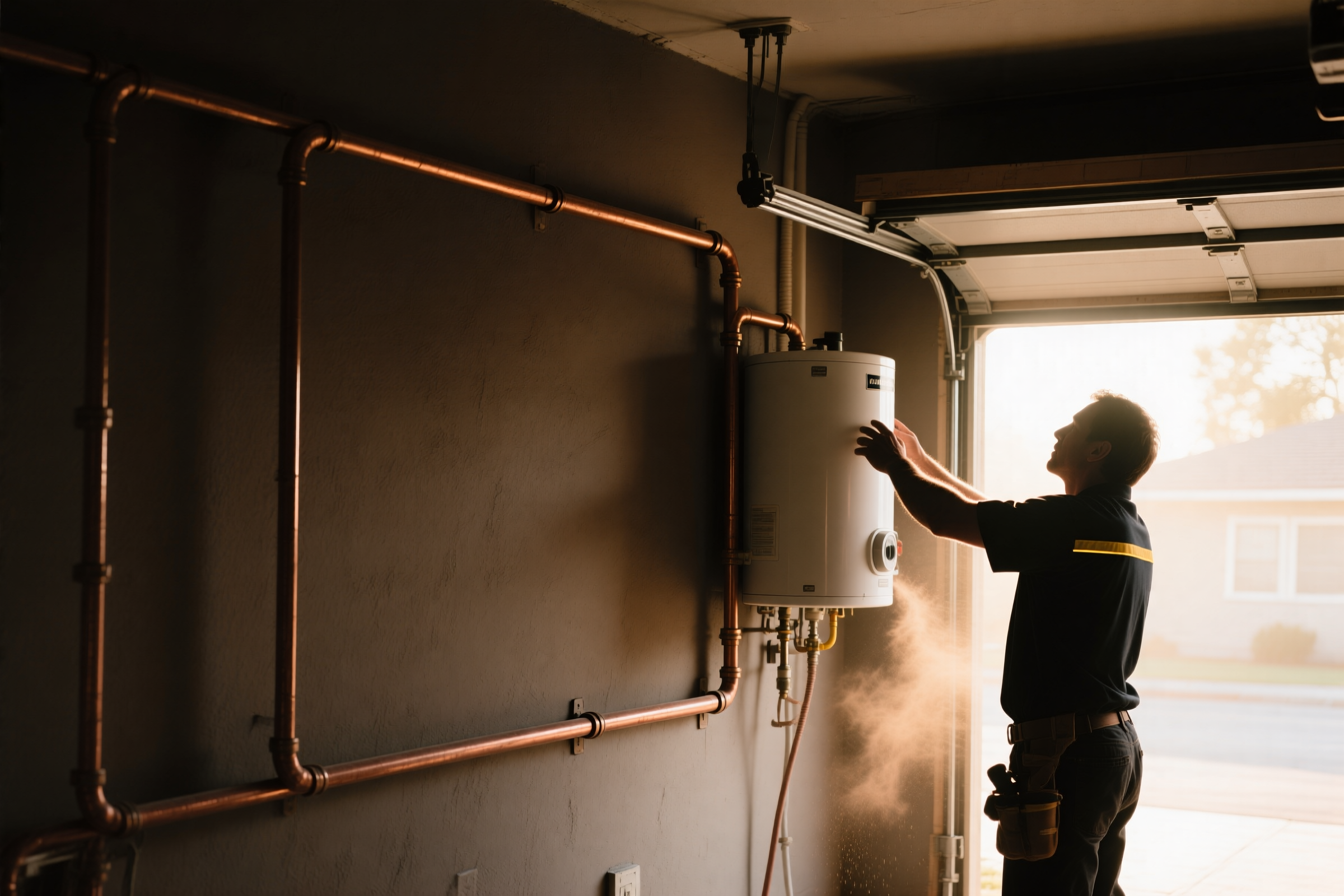 Fresh copper and PEX supply lines run clean along a wall during a water heater installation