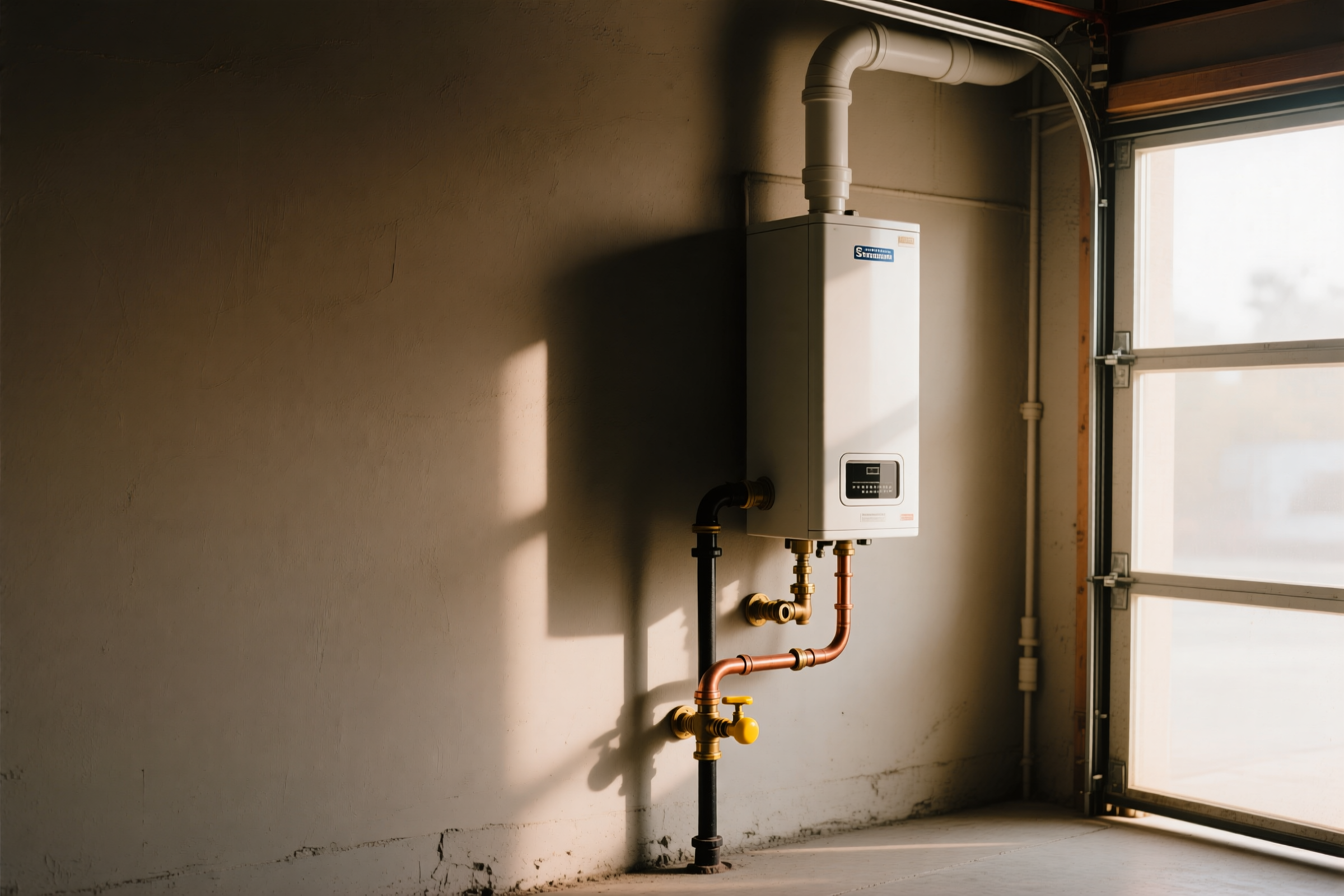 A tankless water heater mounted square on a garage wall with its lines dressed and labeled