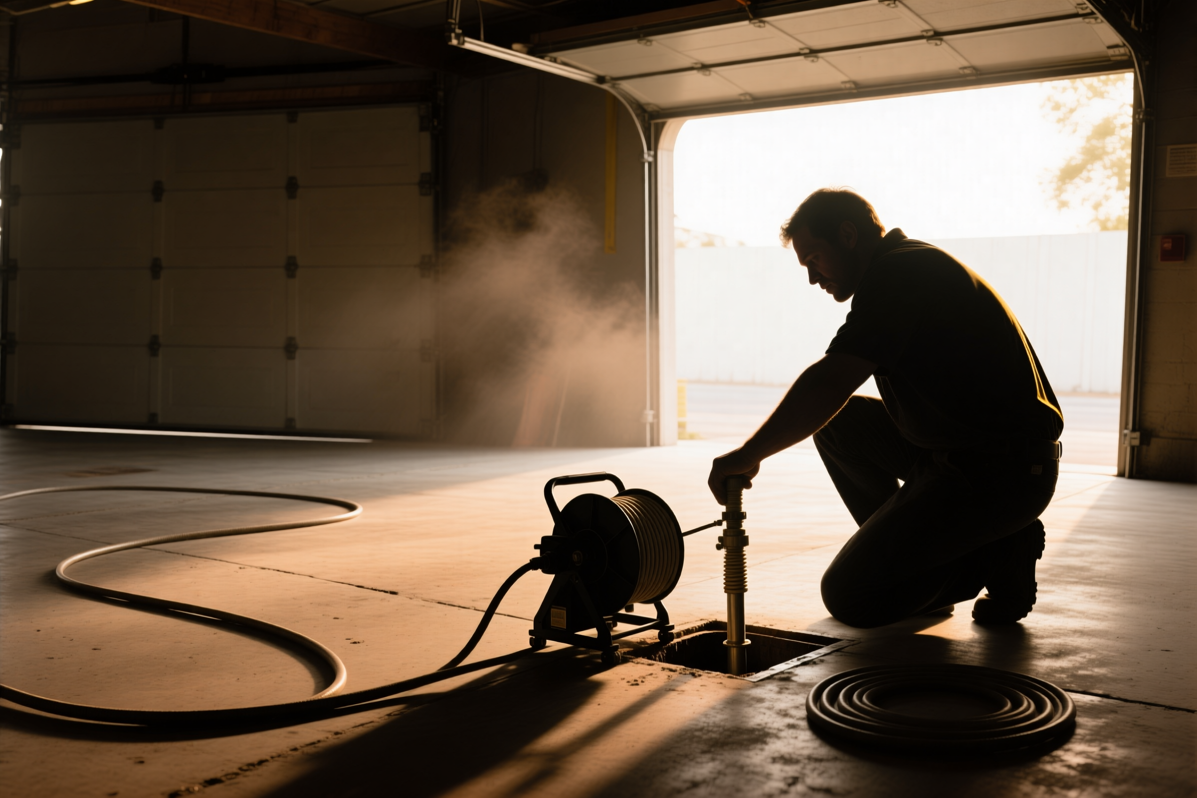 A DHS plumber feeding a drain machine cable into a floor cleanout in a garage