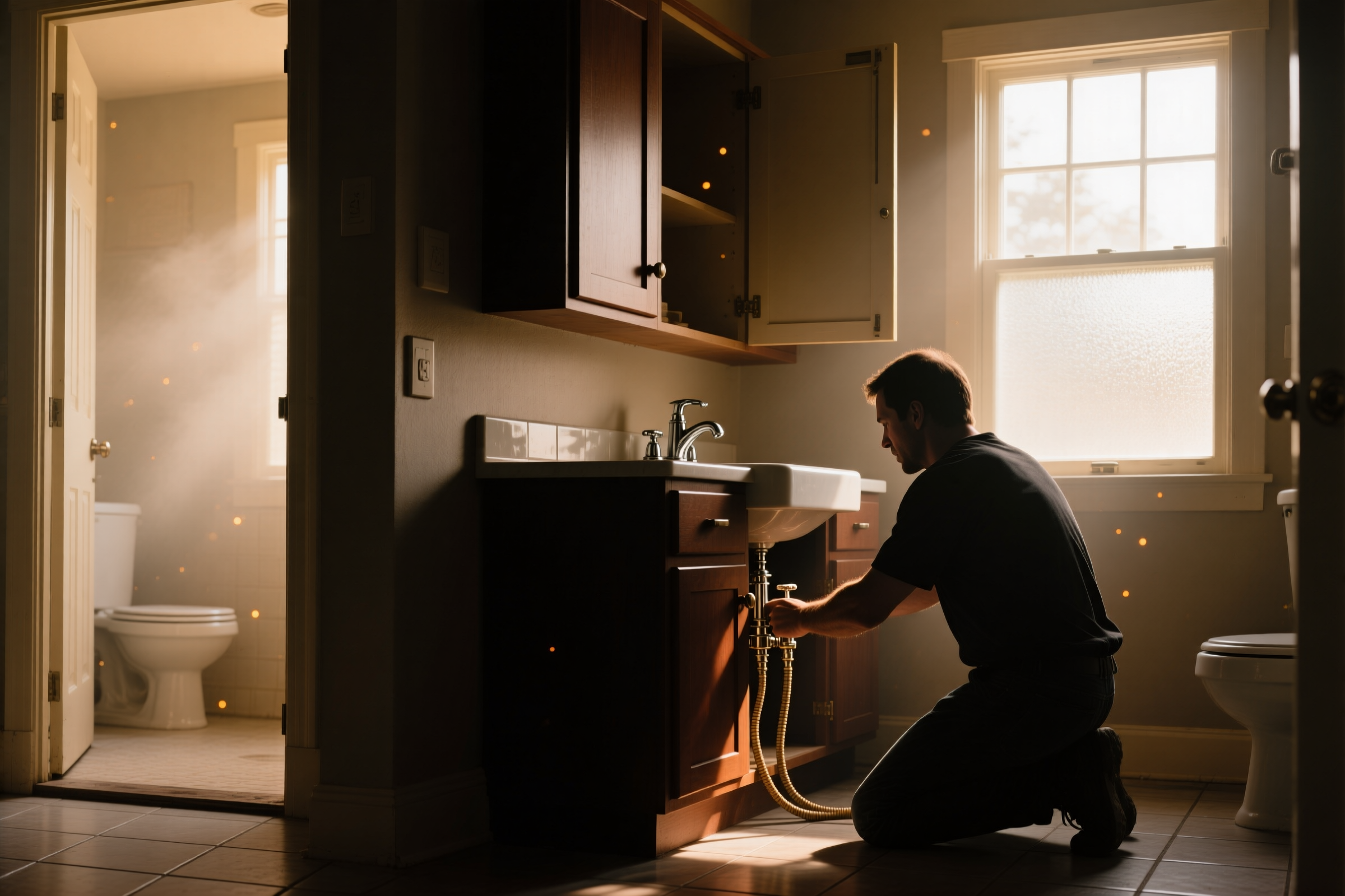 A DHS plumber kneeling at a bathroom vanity, working on the supply lines