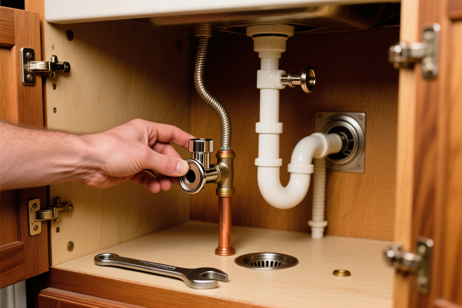 A plumber fitting a new shutoff valve on the supply line under a sink
