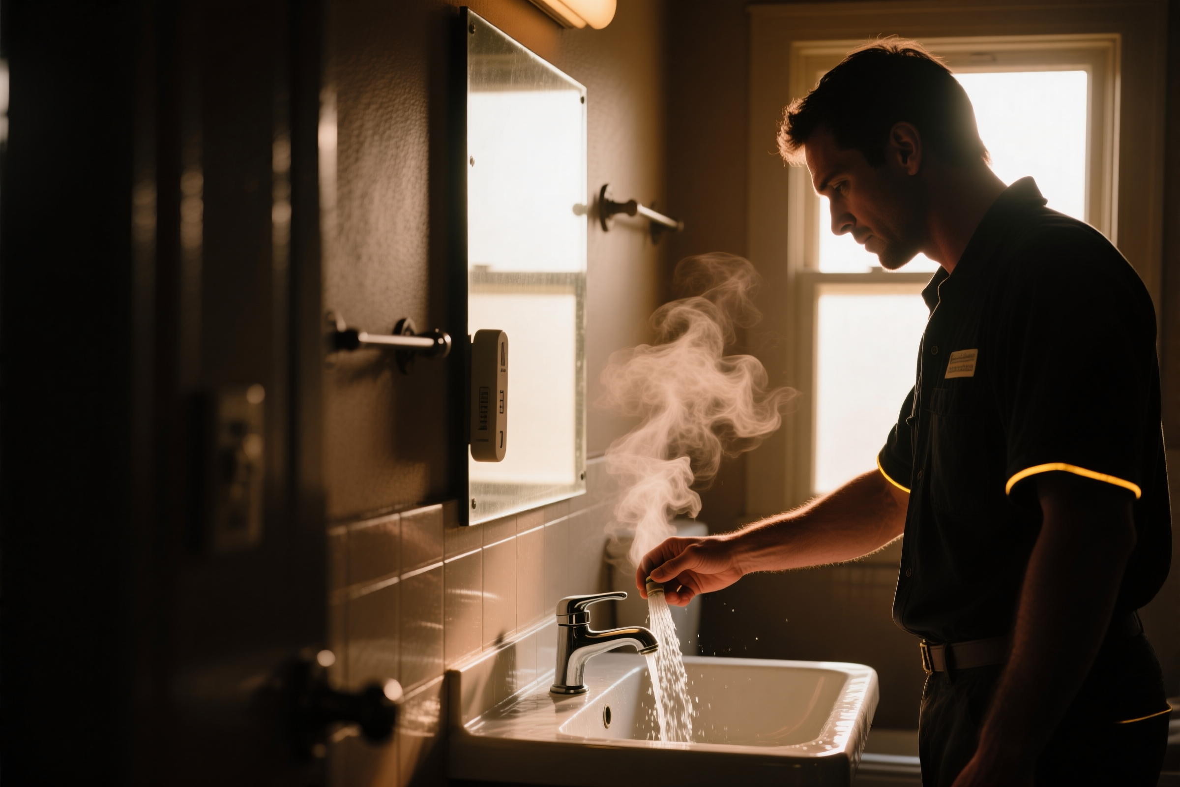 A DHS plumber checking hot water temperature at a bathroom faucet after a water heater service